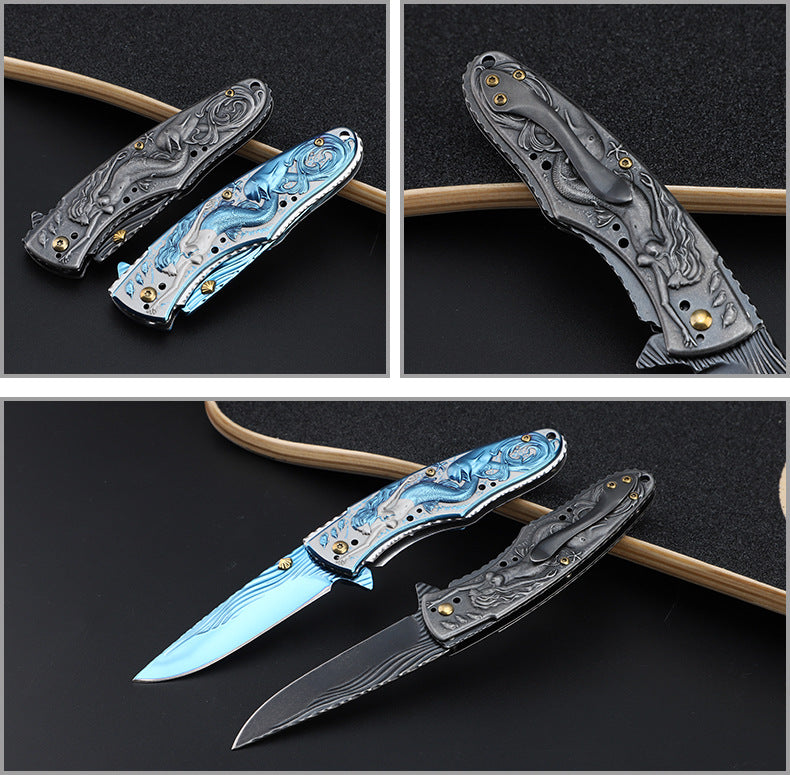 3D Embossed Mermaid Handle Faca dobrável para caça ao ar livre EDC