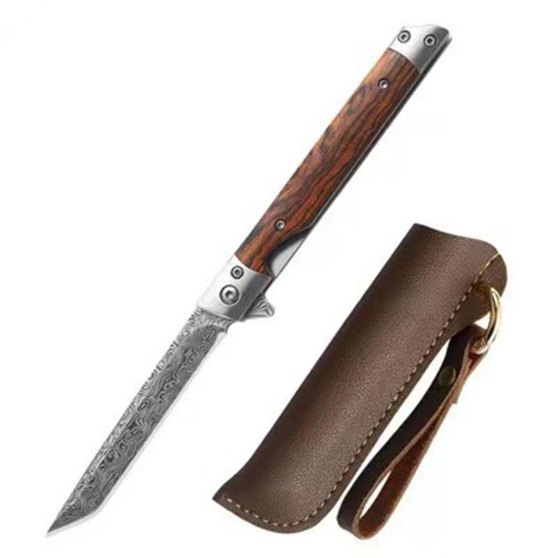 Damascus Pattern Wood Handle Folding Knife EDC