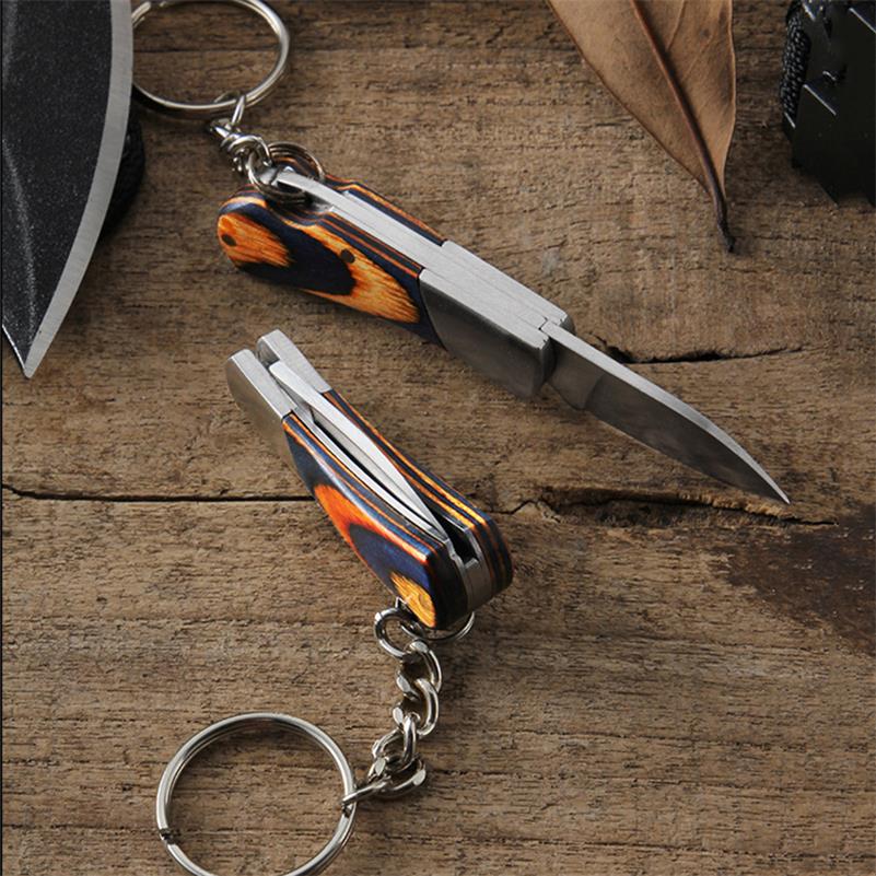 Wooden Handle Mini Folding Knife Keychain Pendant