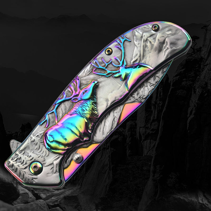 3D Embossed Elk Handle Folding Knife Facas de bolso protetoras