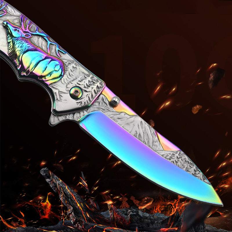 3D Embossed Elk Handle Folding Knife Facas de bolso protetoras