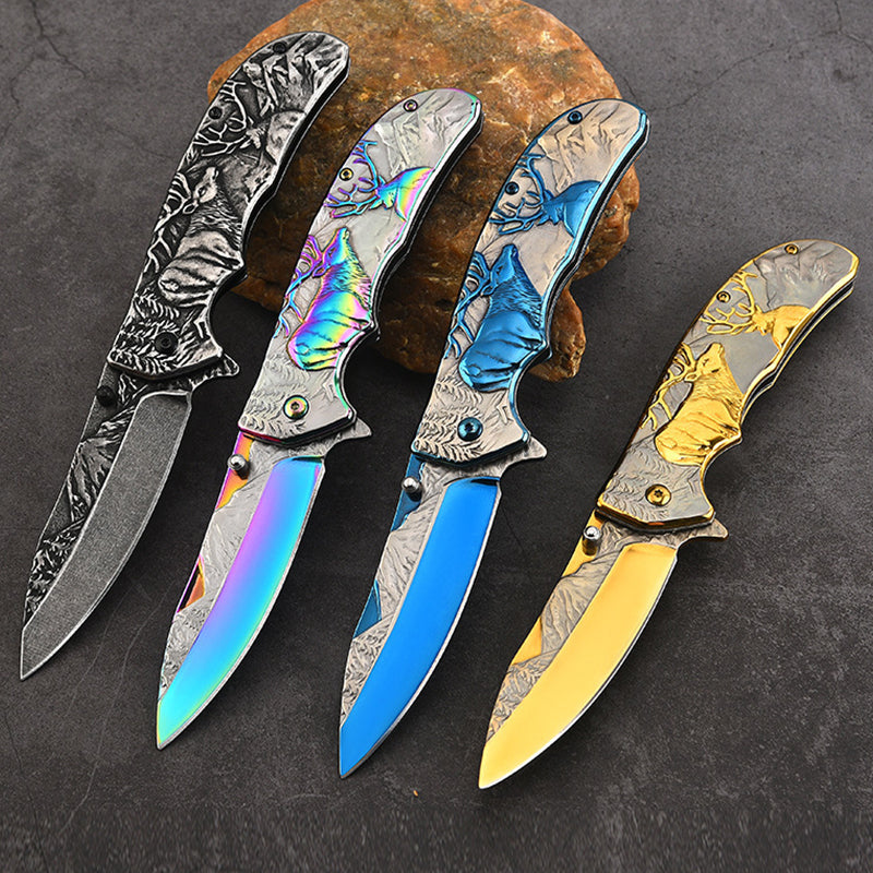 3D Embossed Elk Handle Folding Knife Facas de bolso protetoras