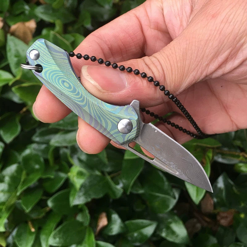 Titan Damascus Mini Folding Knife Keychain EDC