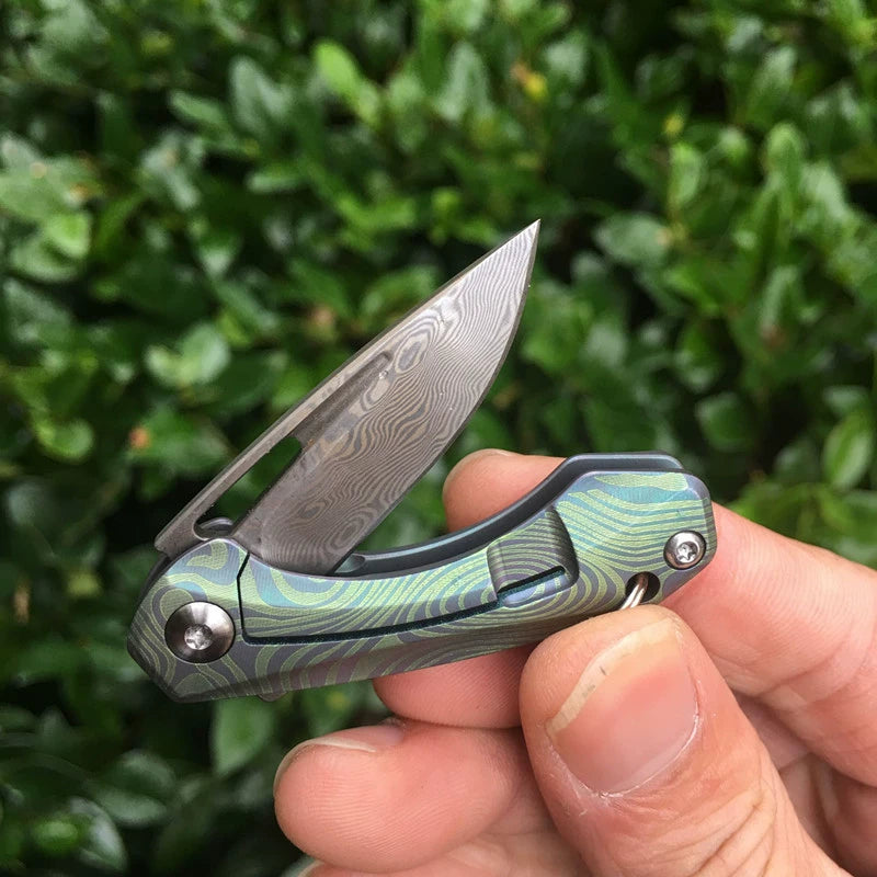 Titan Damascus Mini Folding Knife Keychain EDC