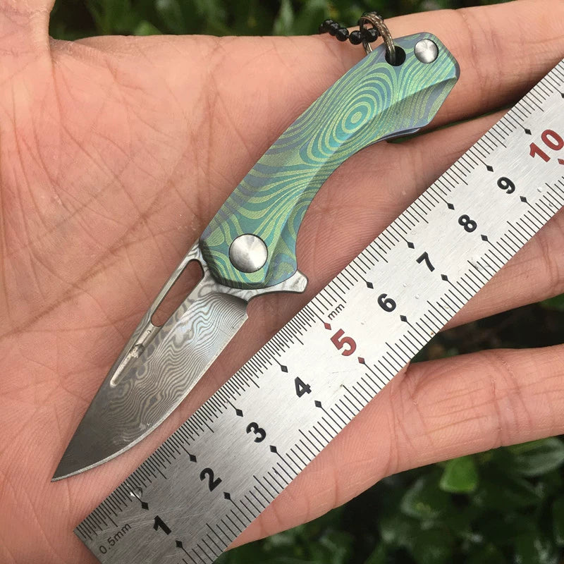 Titan Damascus Mini Folding Knife Keychain EDC