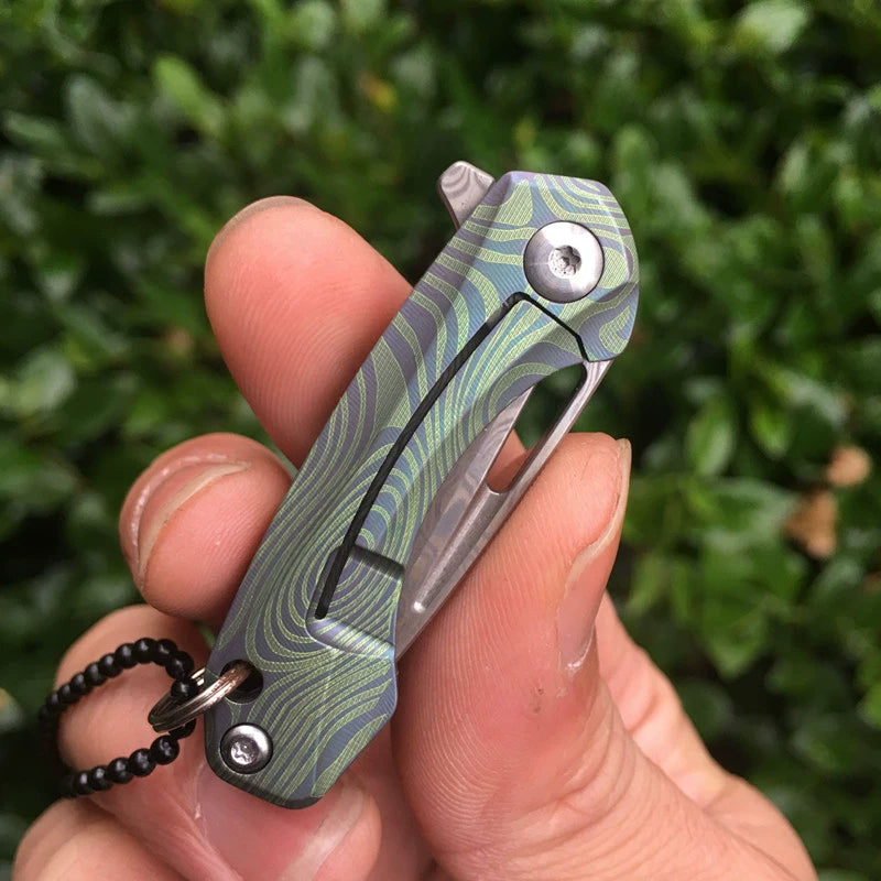 Titan Damascus Mini Folding Knife Keychain EDC