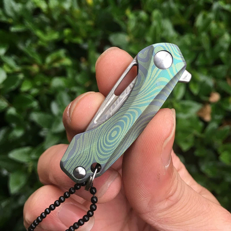 Titan Damascus Mini Folding Knife Keychain EDC