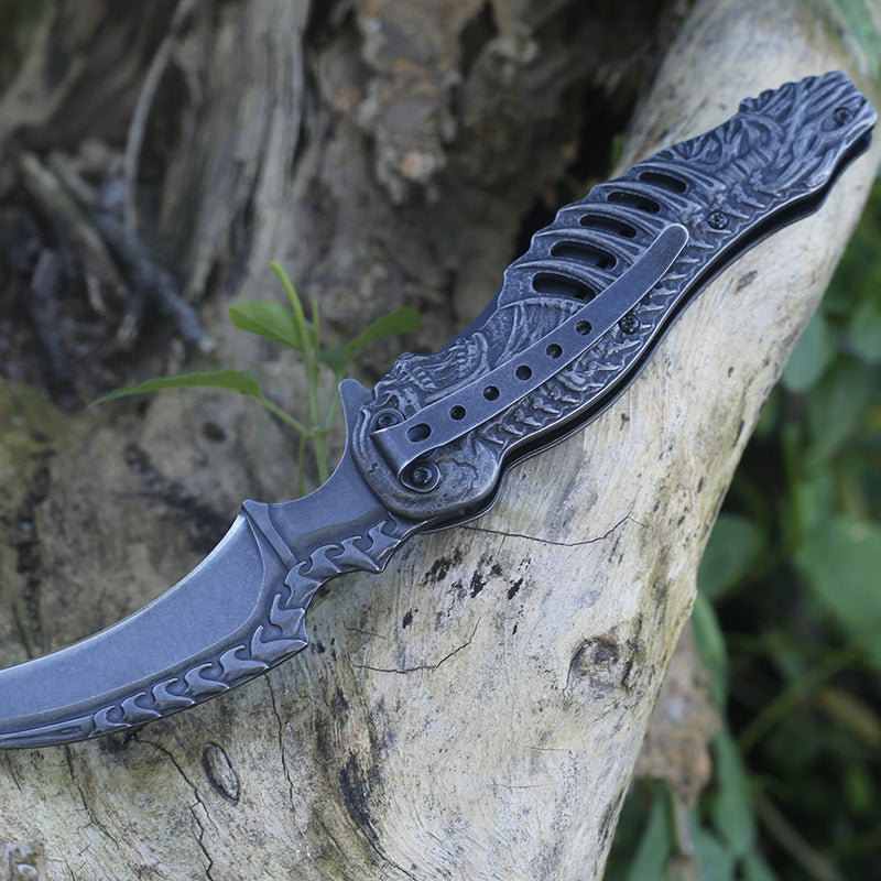 Solid Embossed Human Bone Handle Folding Knife Tactical Knives