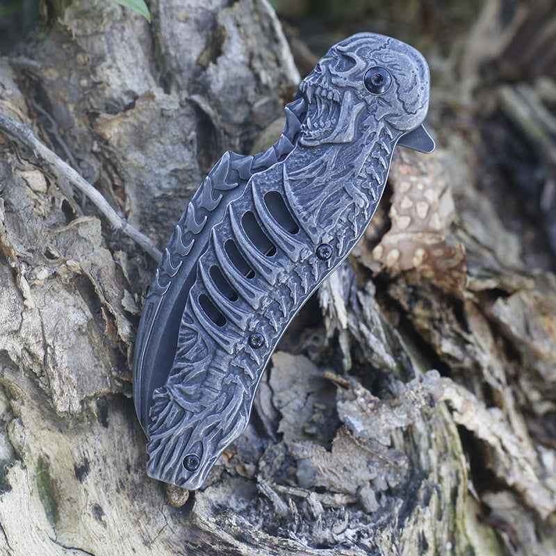 Solid Embossed Human Bone Handle Folding Knife Tactical Knives