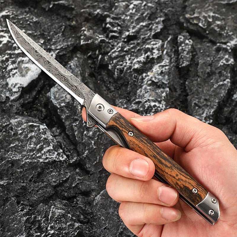 Damascus Pattern Wood Handle Folding Knife EDC