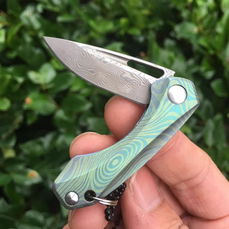 Titan Damascus Mini Folding Knife Keychain EDC