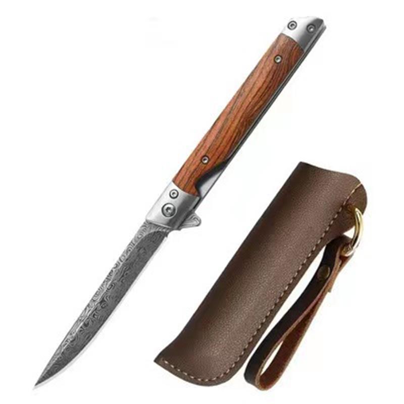 Damascus Pattern Wood Handle Folding Knife EDC