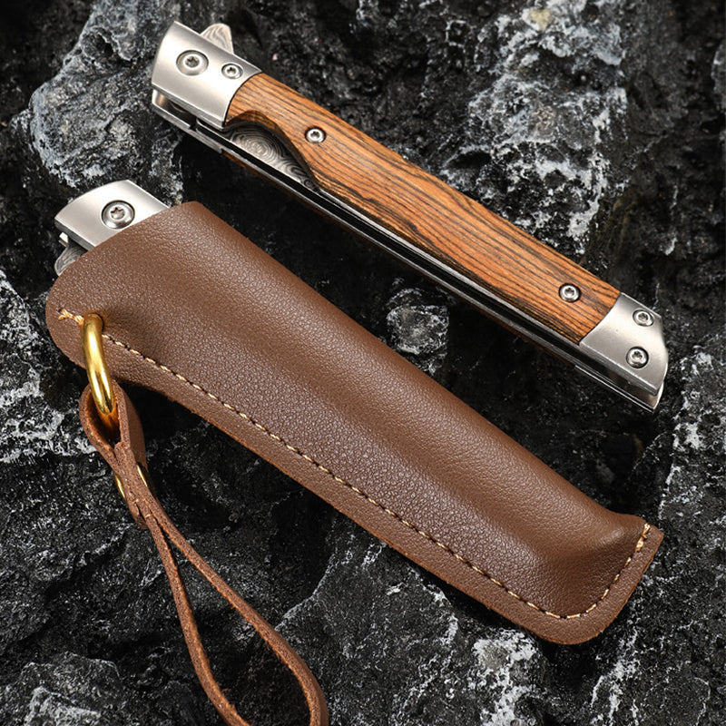 Damascus Pattern Wood Handle Folding Knife EDC