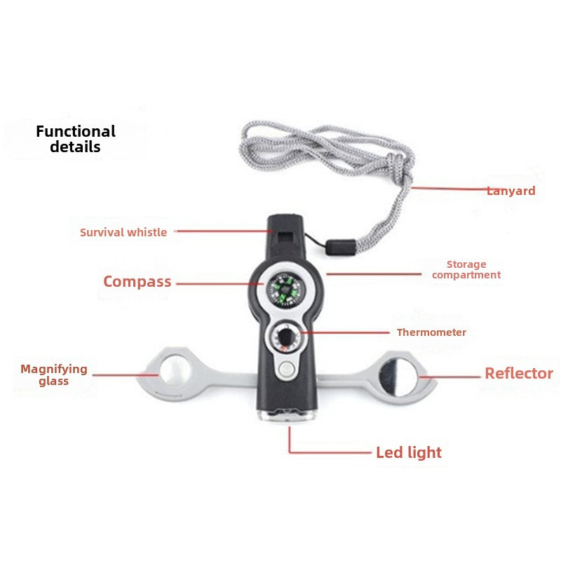 7in1 MultiWhistle Outdoor Survival Compass Thermometer LED
