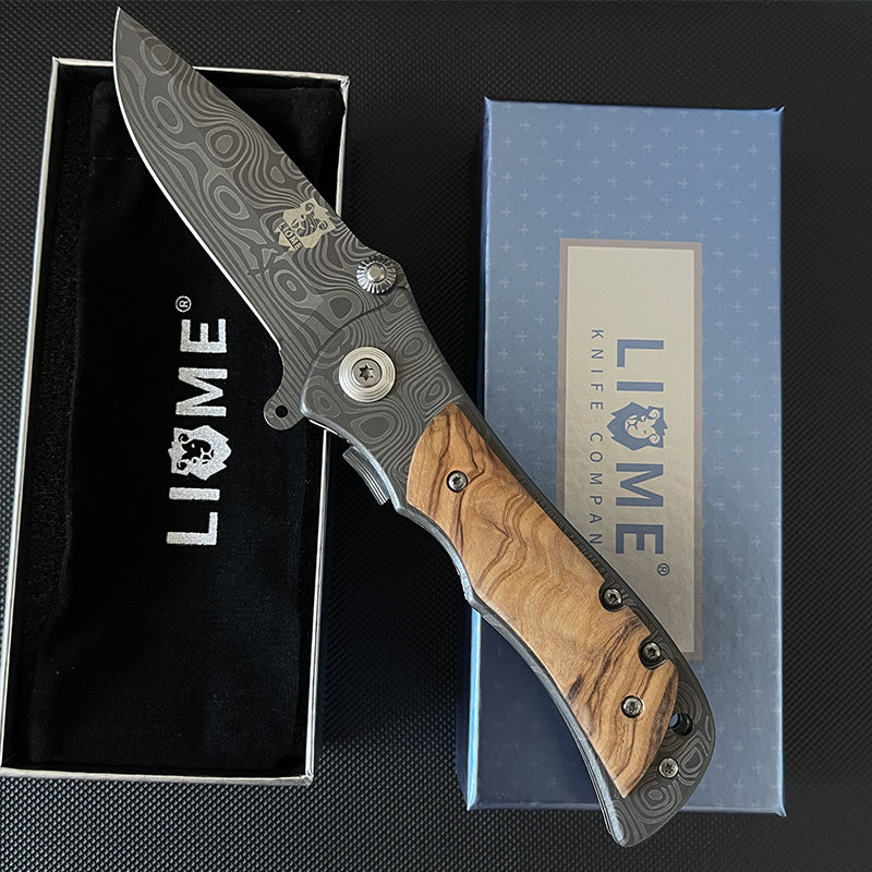 Liome 339 Damascus Folding Knife Wood Handle Tattooed Blades