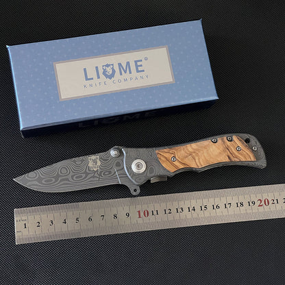 Liome 339 Damascus Folding Knife Wood Handle Tattooed Blades