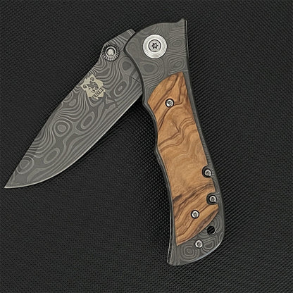 Liome 339 Damascus Folding Knife Wood Handle Tattooed Blades