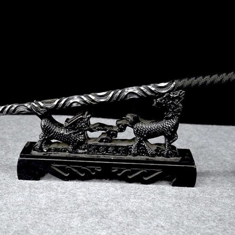Solid one-piece forged martial arts hand stick on dual kiilin stand