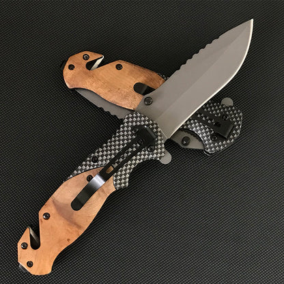 Liome X50 Tactical Folding Knife Blade with Teeth Wooden Handle