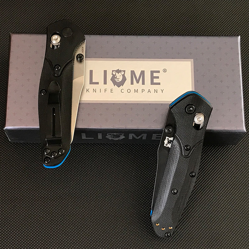 Liome 945 Dual Color G10 Black Handle Blue Stripe Folding Knife