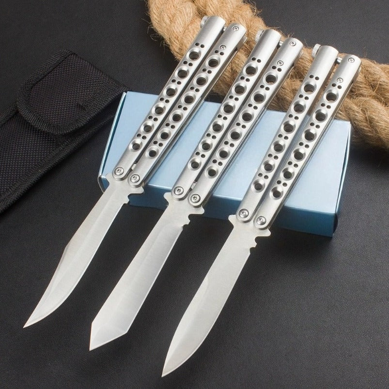 Close-up of stainless steel butterfly knife bushing pivot