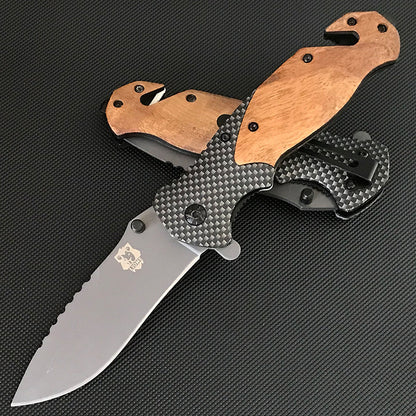 Liome X50 Tactical Folding Knife Blade with Teeth Wooden Handle