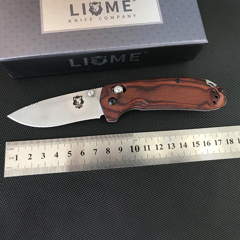 Liome 15031 Folding Knife Stone Wash Blade Wooden Handle