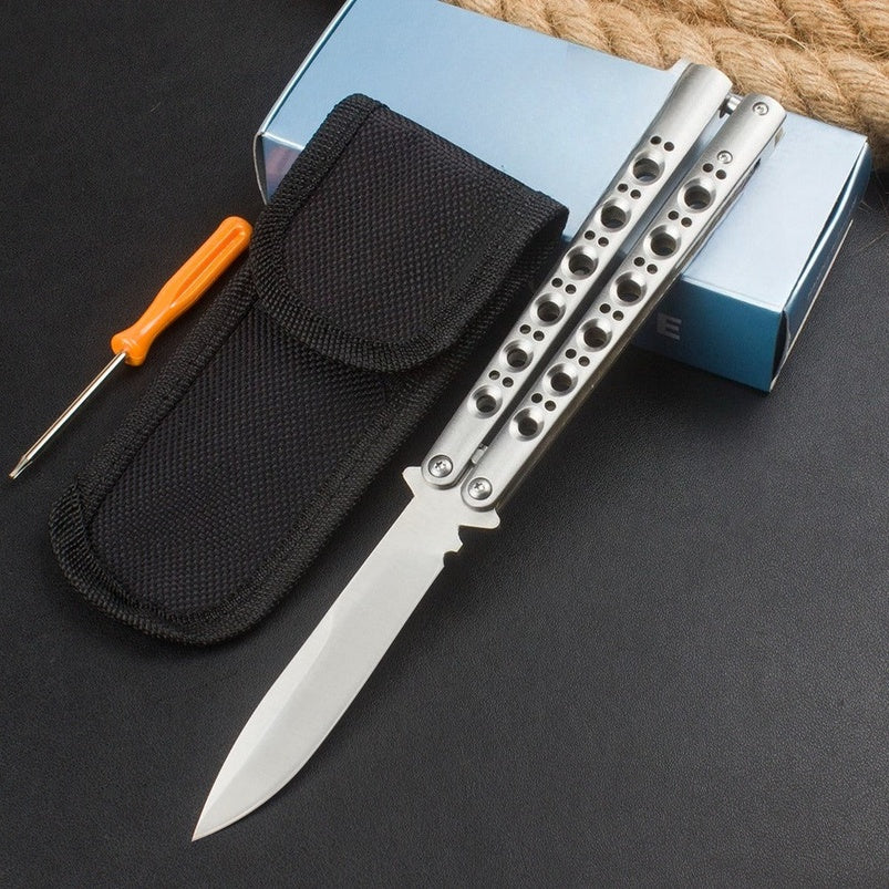 BM series balisong knives with nylon pouch and rope background