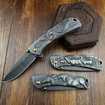 3D Animal Embossed Handle Hunting Defense Folding Knife