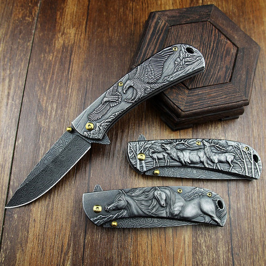3D Animal Embossed Handle Hunting Defense Folding Knife