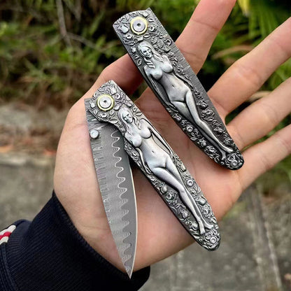 Double Sided Beauty Handle Damascus Blade Folding Knife