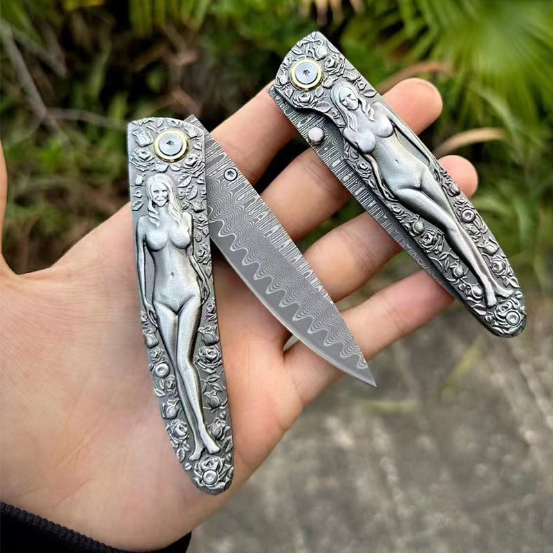 Double Sided Beauty Handle Damascus Blade Folding Knife