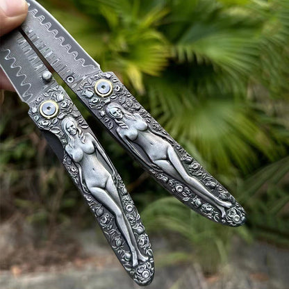 Double Sided Beauty Handle Damascus Blade Folding Knife