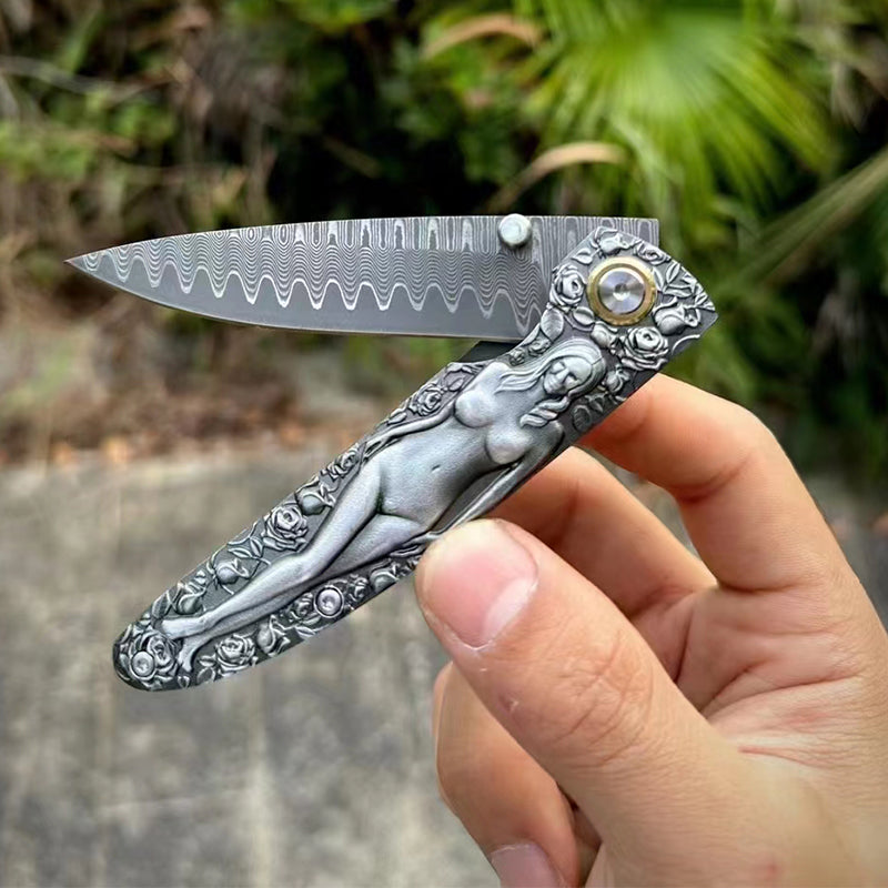 Double Sided Beauty Handle Damascus Blade Folding Knife