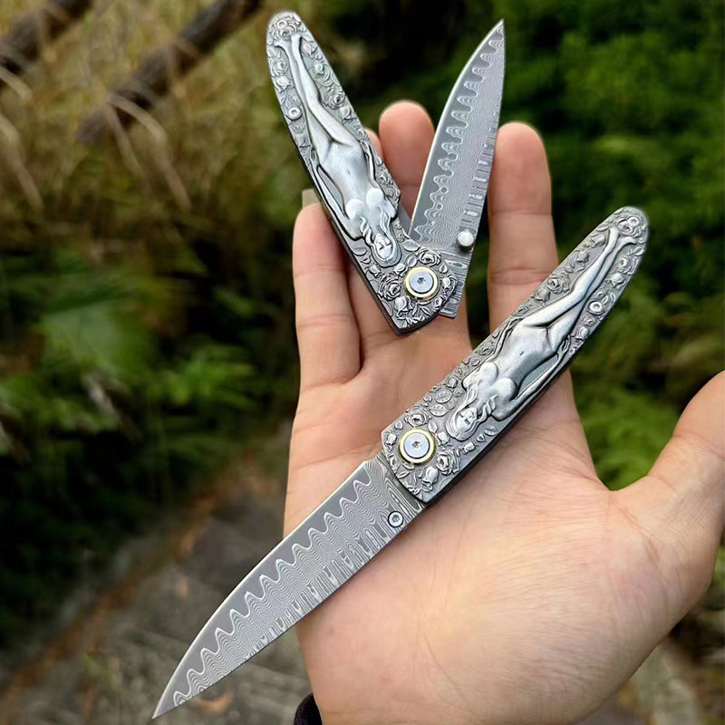 Double Sided Beauty Handle Damascus Blade Folding Knife