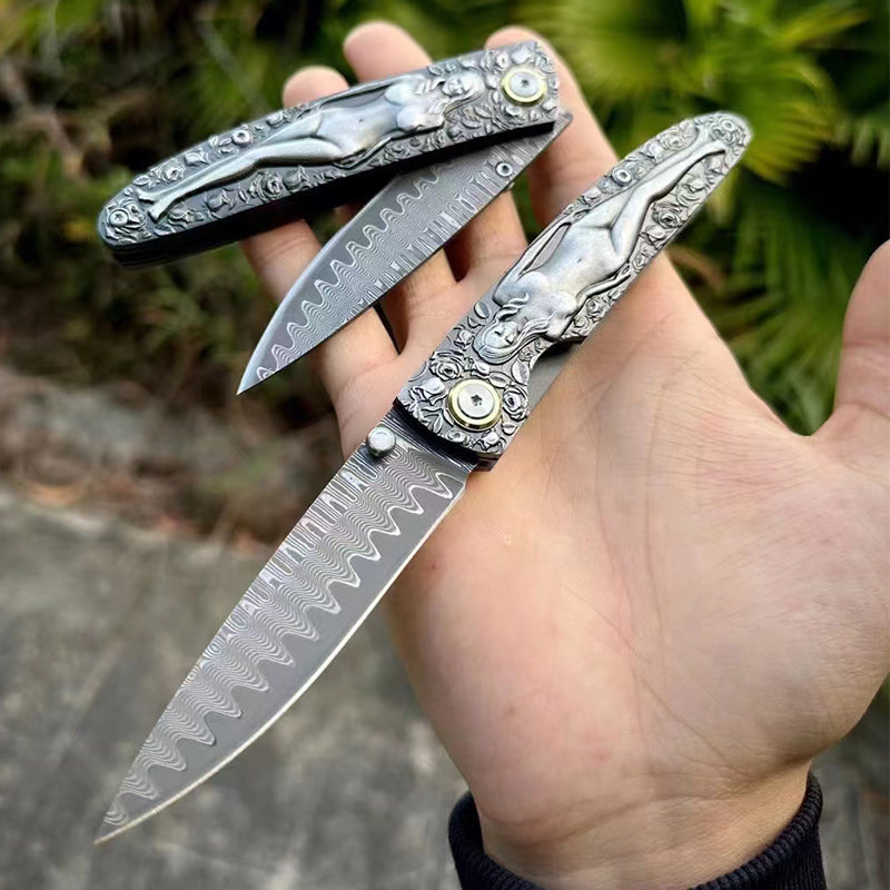 Double Sided Beauty Handle Damascus Blade Folding Knife