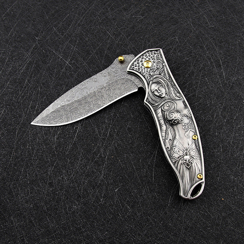 Nyx- Embossed Handle Folding Knife Outdoor Self Defense EDC Tool