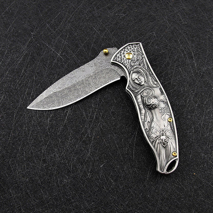 Nyx- Embossed Handle Folding Knife Outdoor Self Defense EDC Tool