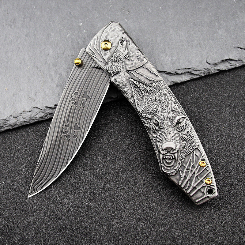 Wolf King-3D Embossed Handle Folding Knife Self Defense Tool