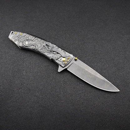 Wolf King-3D Embossed Handle Folding Knife Self Defense Tool