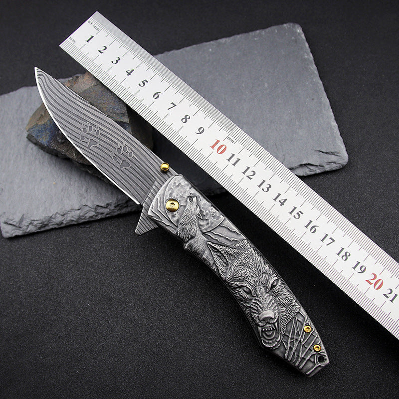 Wolf King-3D Embossed Handle Folding Knife Self Defense Tool