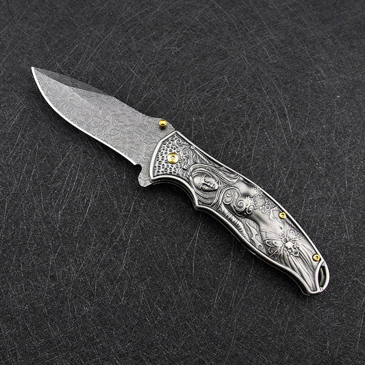 Nyx- Embossed Handle Folding Knife Outdoor Self Defense EDC Tool