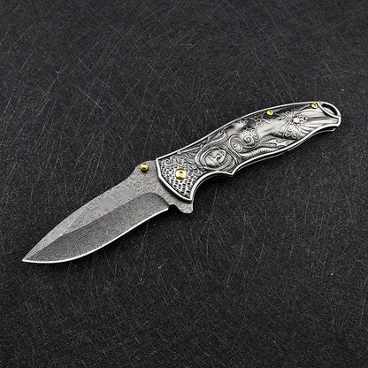 Nyx- Embossed Handle Folding Knife Outdoor Self Defense EDC Tool