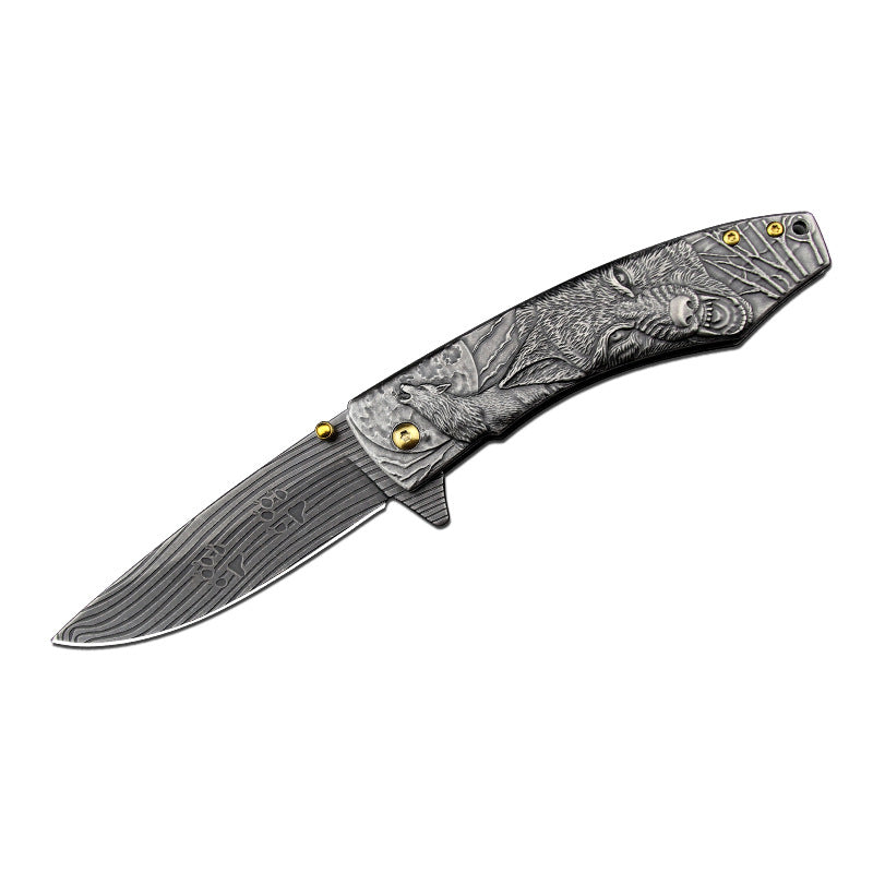 Wolf King-3D Embossed Handle Folding Knife Self Defense Tool