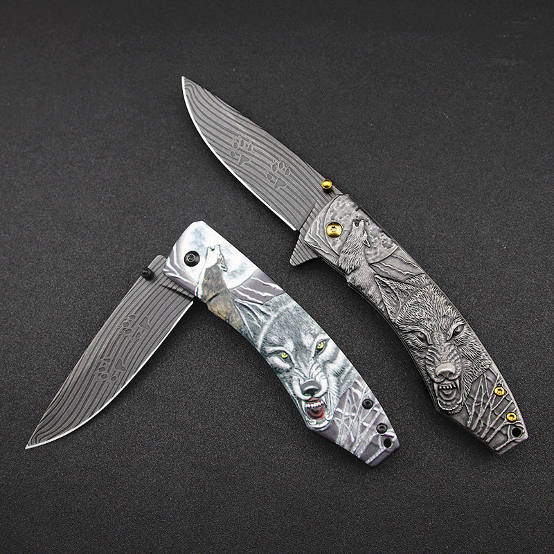 Wolf King-3D Embossed Handle Folding Knife Self Defense Tool