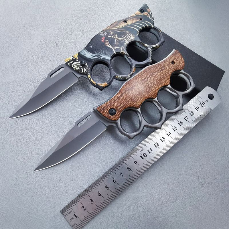 Motifs Knuckle Duster Wooden Handle Folding Knife Defense EDC