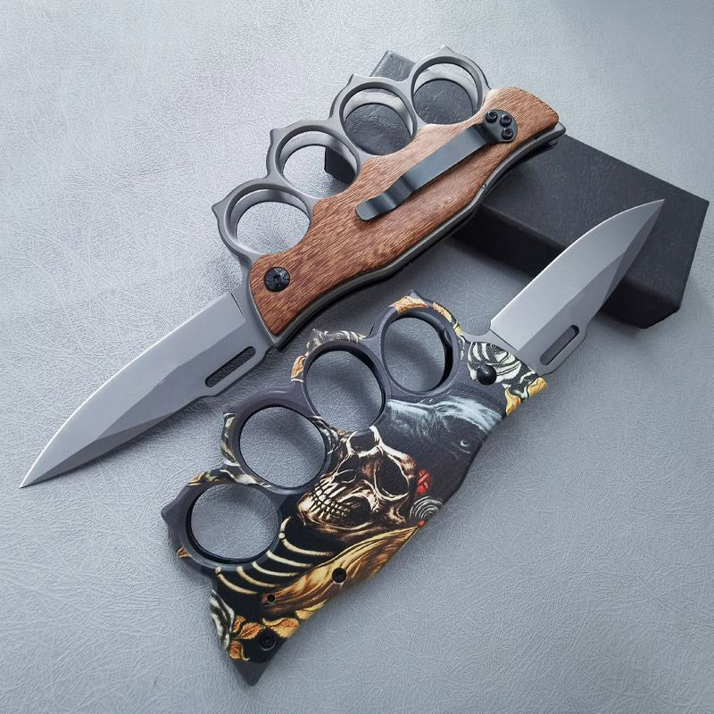 Motifs Knuckle Duster Wooden Handle Folding Knife Defense EDC