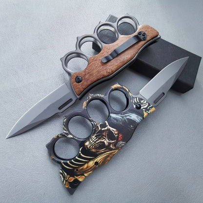 Motifs Knuckle Duster Wooden Handle Folding Knife Defense EDC