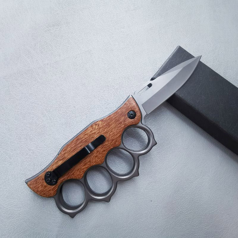 Motifs Knuckle Duster Wooden Handle Folding Knife Defense EDC