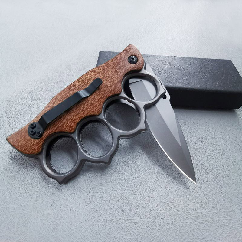 Motifs Knuckle Duster Wooden Handle Folding Knife Defense EDC